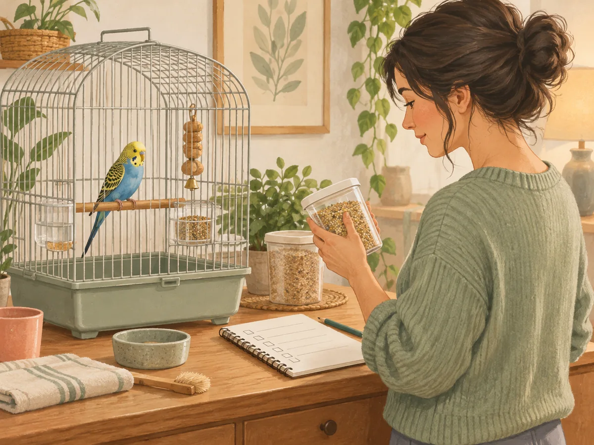 インコの食事と飼育環境を確認するイラスト