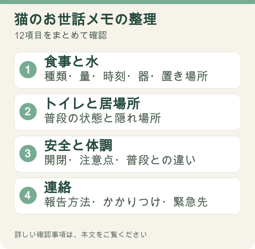 図解：猫のお世話メモの整理。食事と水、トイレと居場所、安全と体調、連絡