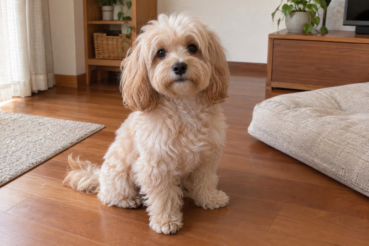 木の床で座っているクリーム色の毛のふわふわした小型犬