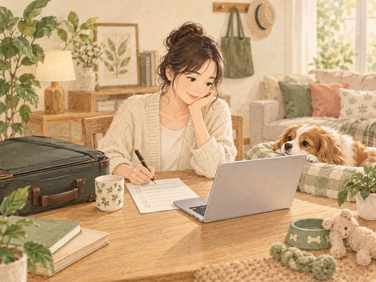 出張前に犬のお世話を整理するイラスト