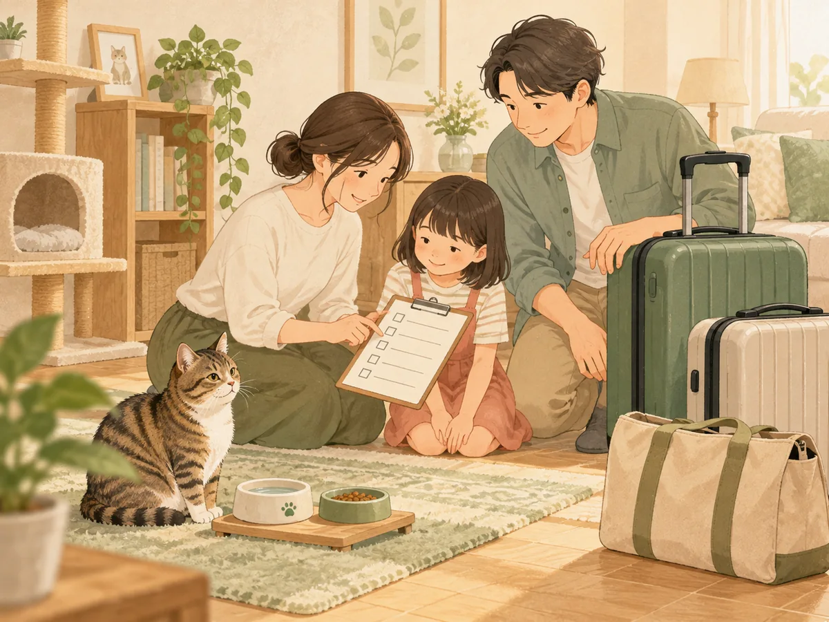 家族旅行の前に猫のお世話を確認するイラスト