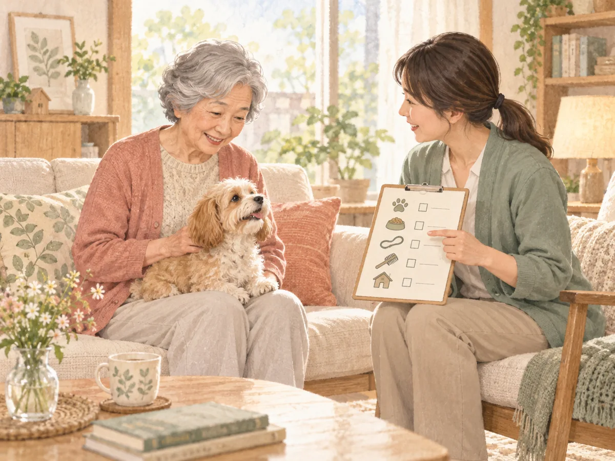 高齢の飼い主と担当者が犬のお世話を相談するイラスト
