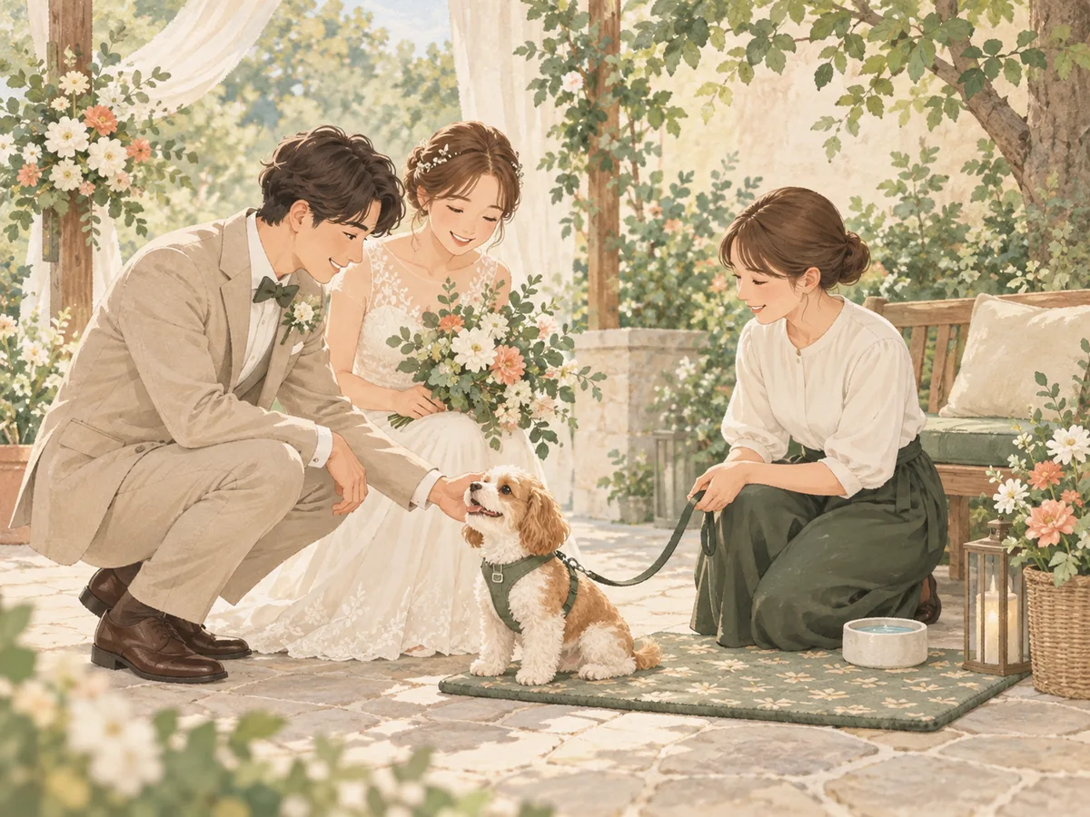 結婚式に参加する犬の休息場所とお世話を確認するイラスト