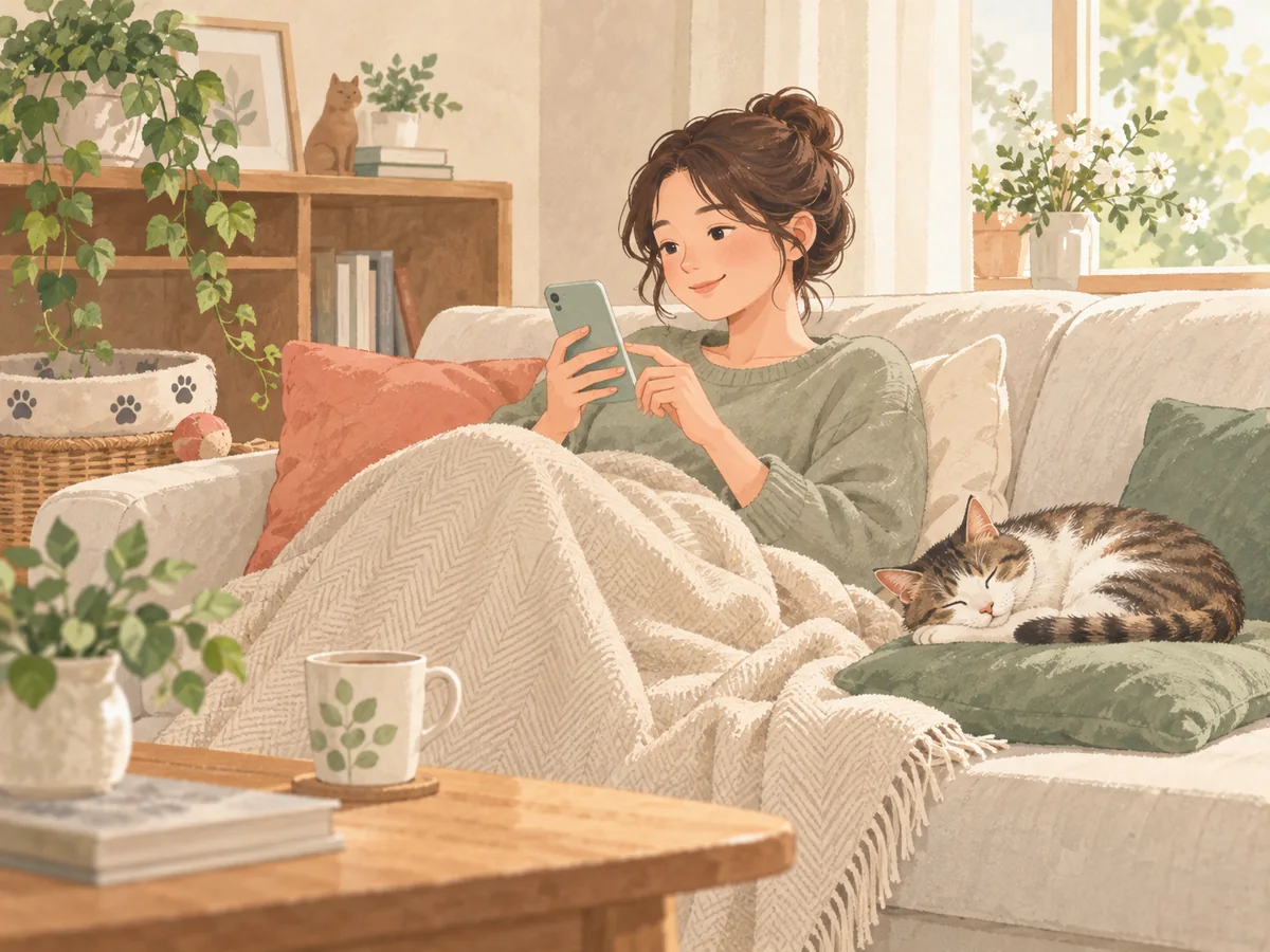 体調が優れないときに猫のお世話の相談を考えるイラスト