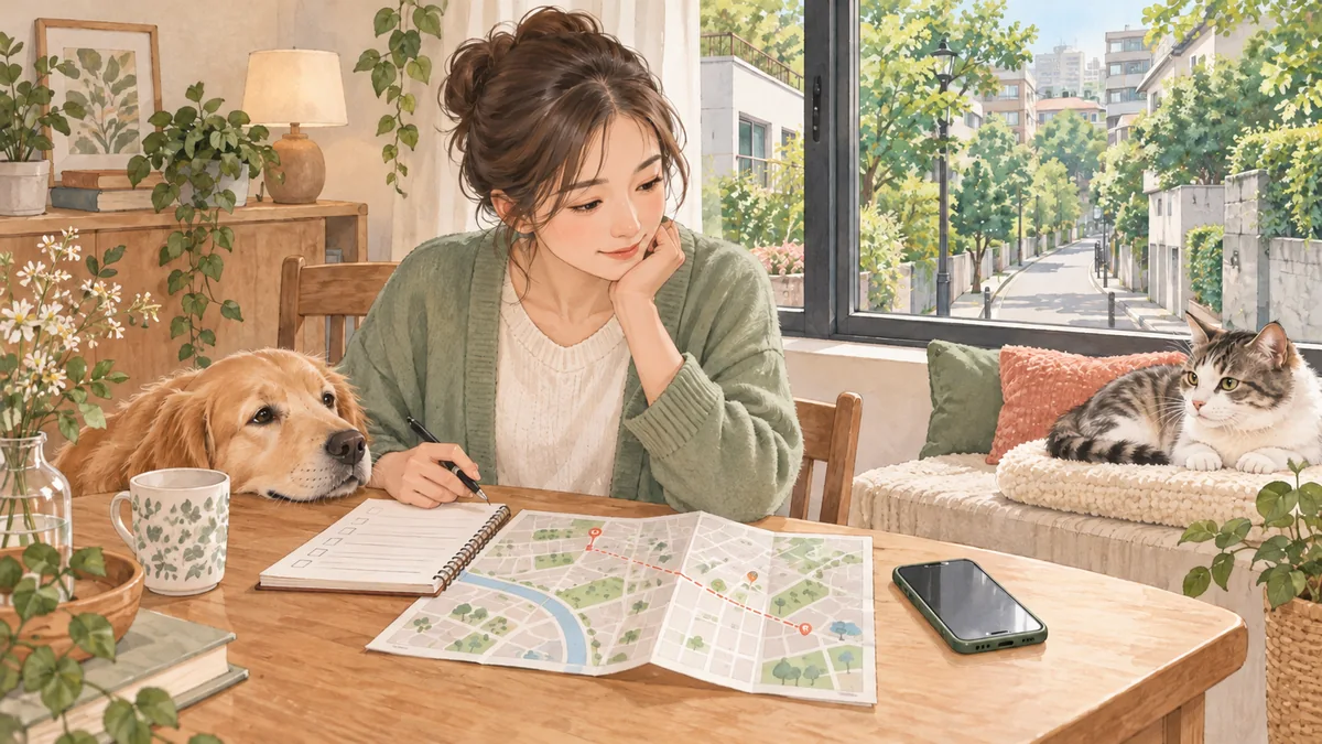 犬猫と暮らす飼い主が住所と訪問条件を整理するイラスト