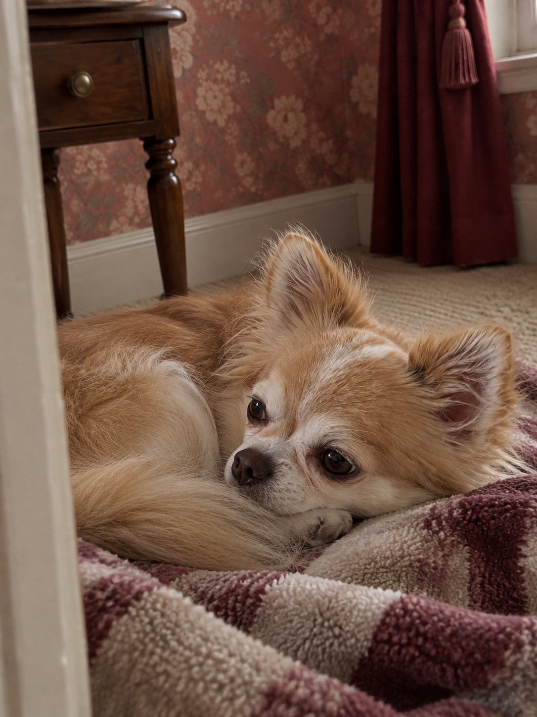 花柄壁紙のクラシックな部屋で休んでいる犬のイメージ