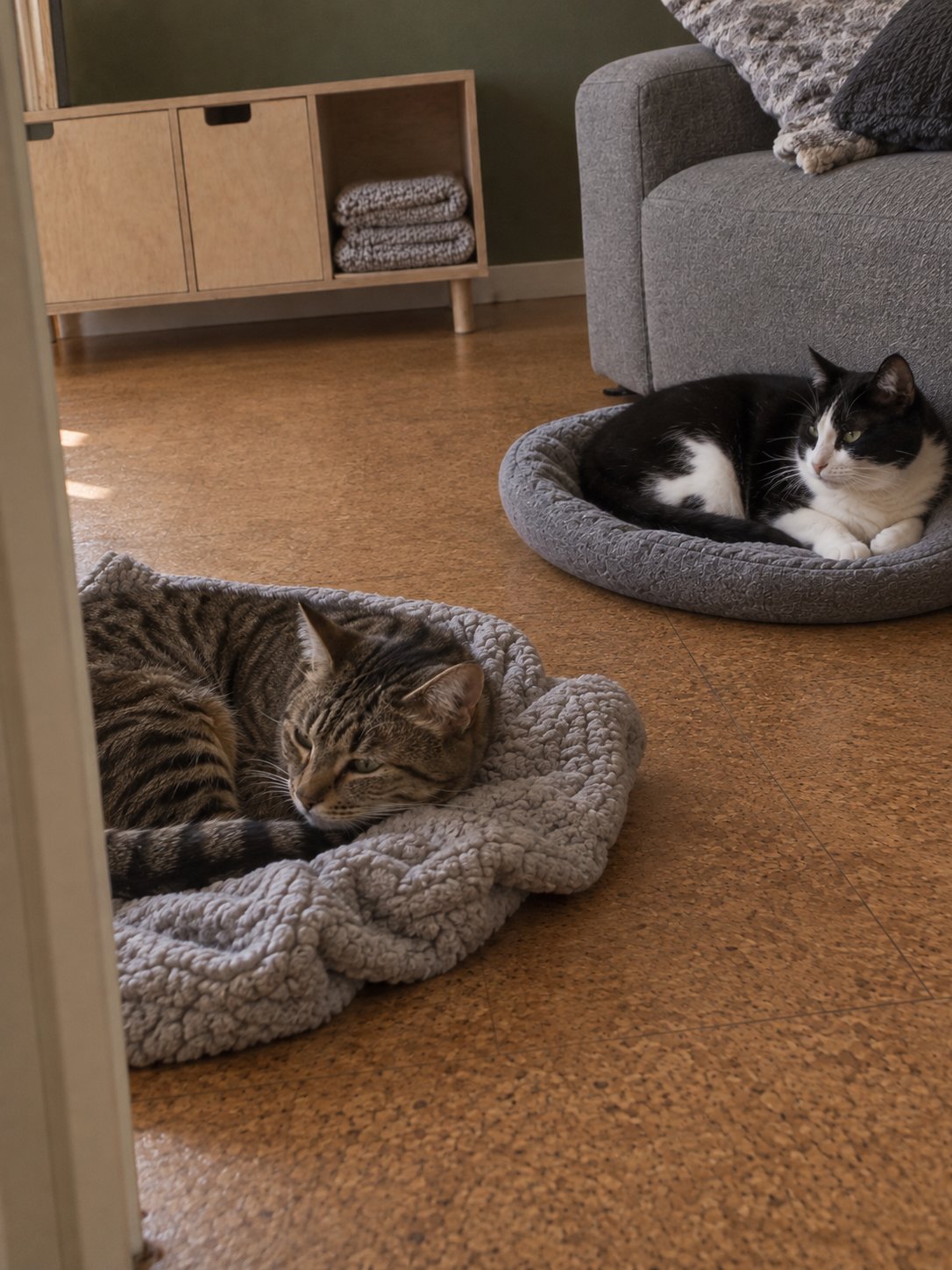 二匹で過ごすコルク床で休んでいる猫のイメージ