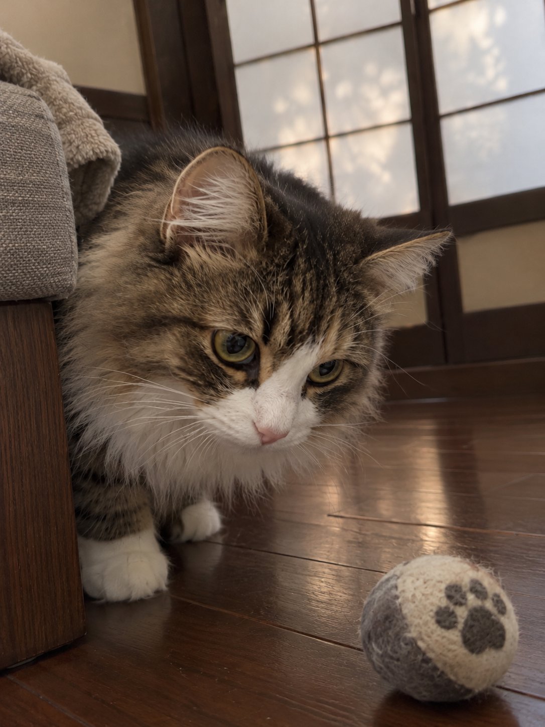 濃い木と障子のモダンな部屋で室内の様子を確かめる猫のイメージ