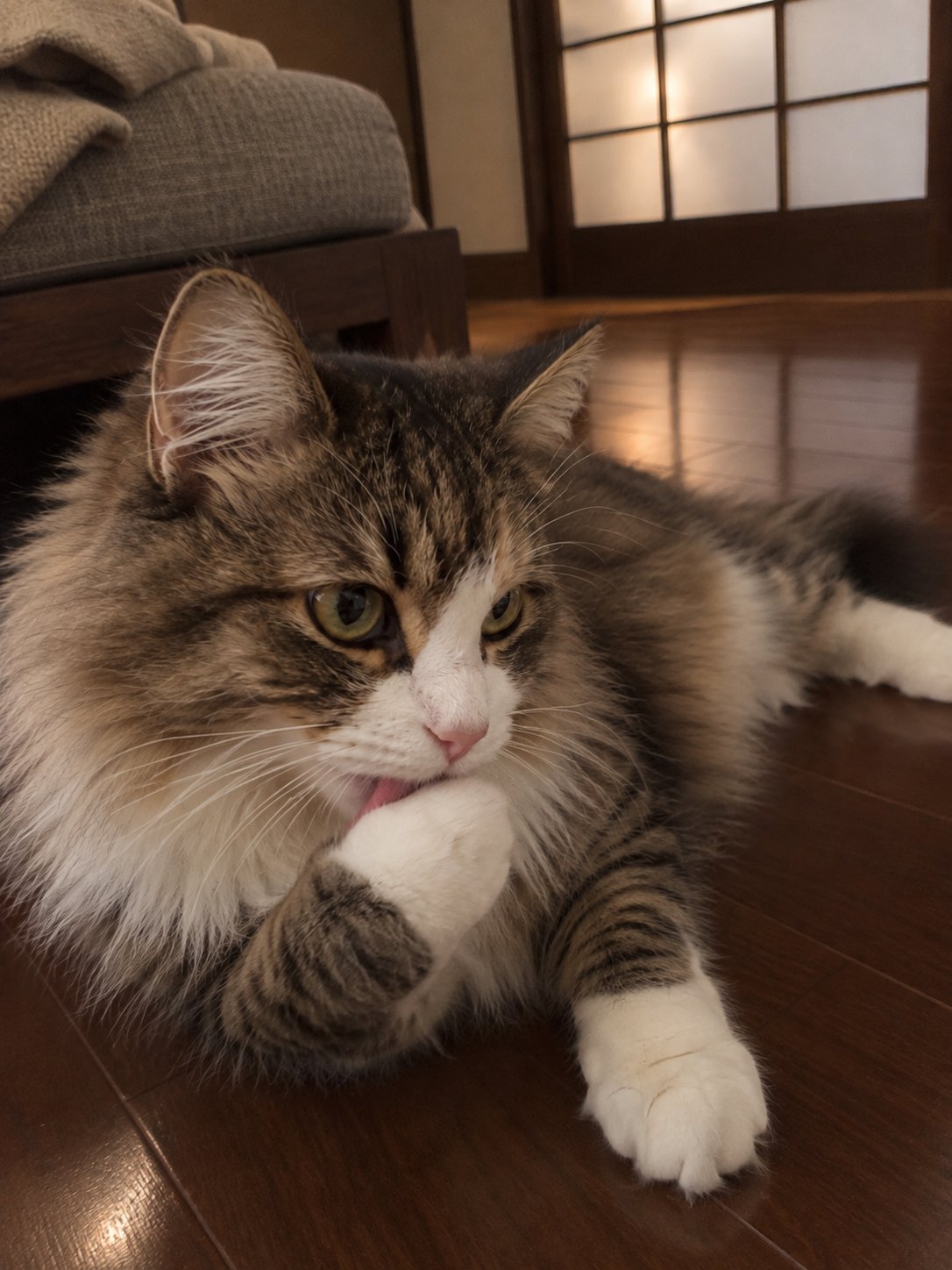 濃い木と障子のモダンな部屋で夕方にくつろぐ猫のイメージ