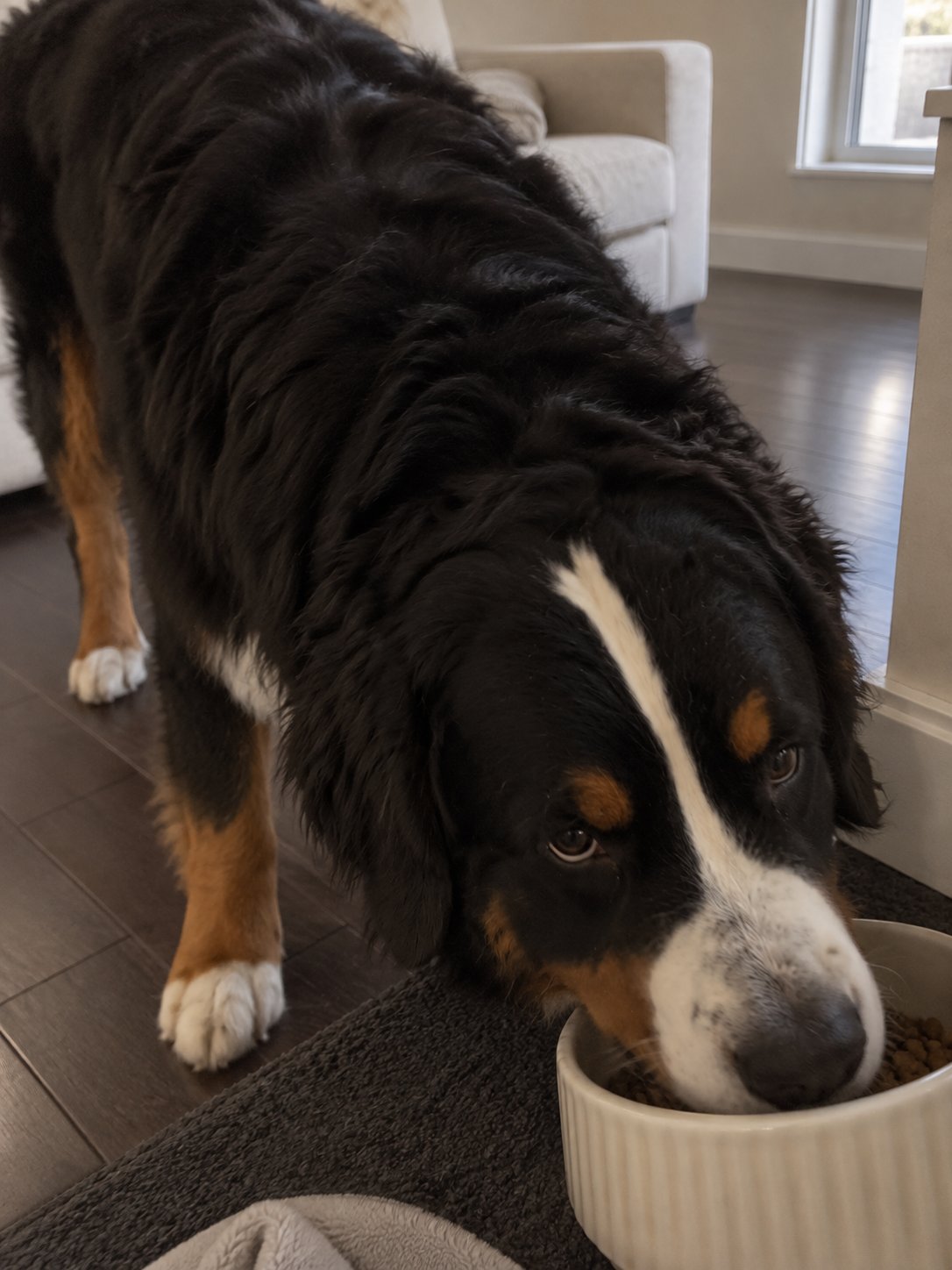 黒い床と白い大きなソファでごはんを食べる犬のイメージ