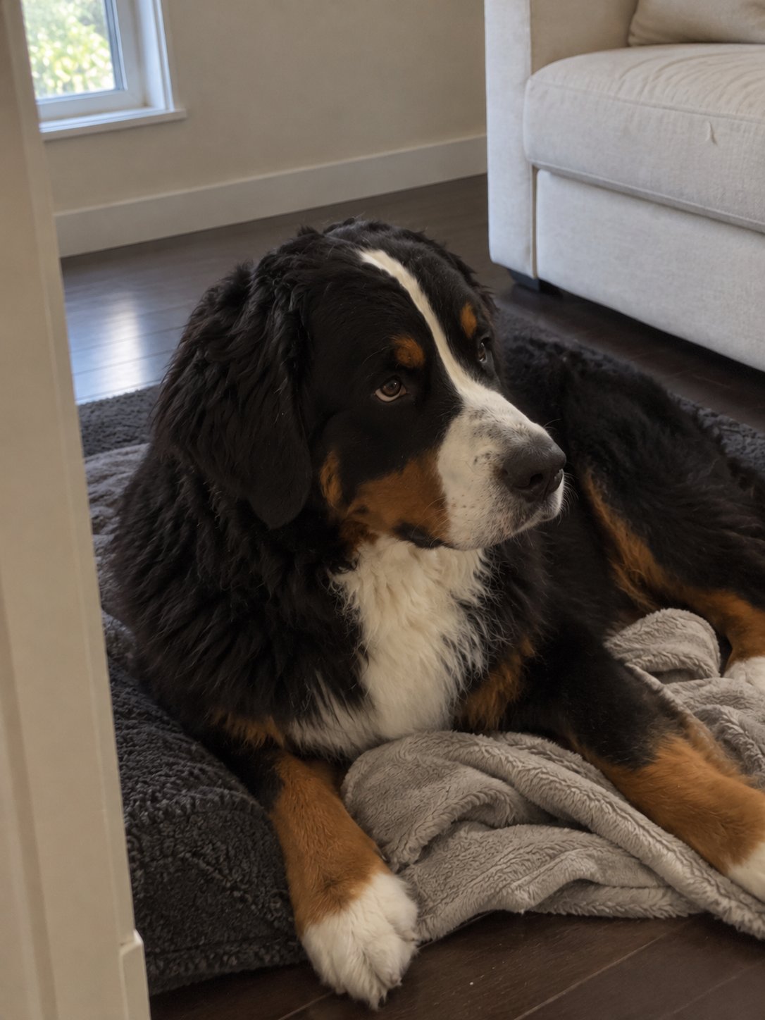 黒い床と白い大きなソファで休んでいる犬のイメージ