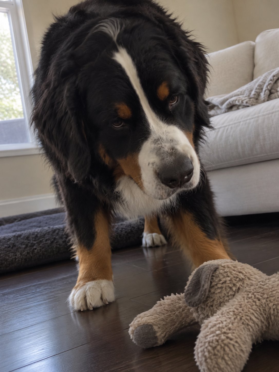 黒い床と白い大きなソファで室内の様子を確かめる犬のイメージ