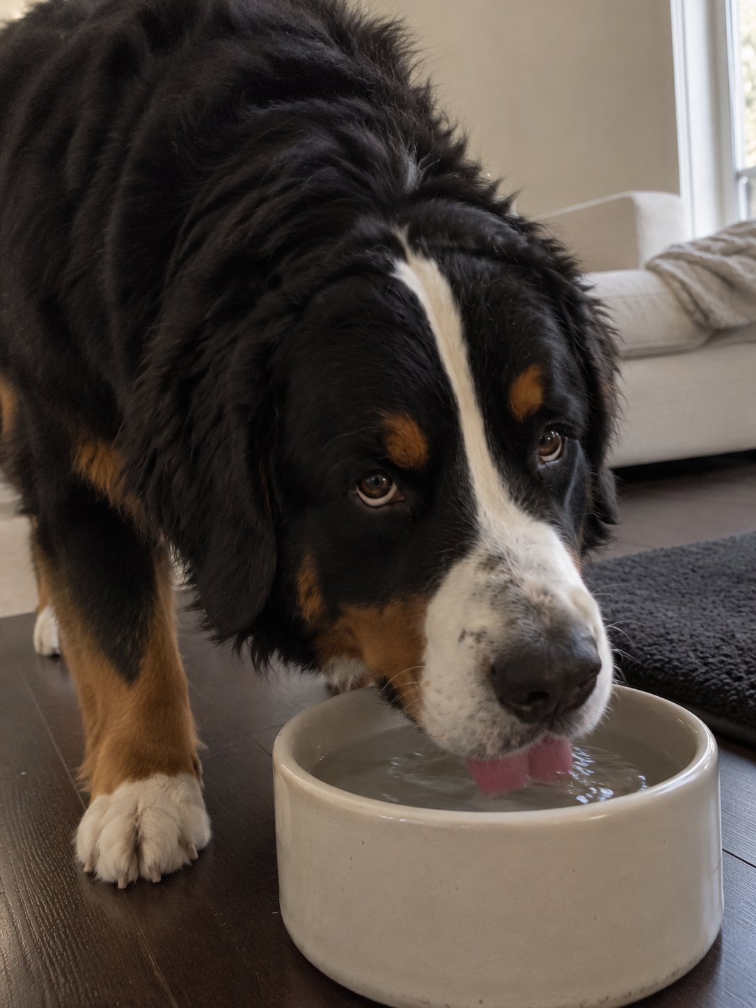 黒い床と白い大きなソファで水飲み場のそばで過ごす犬のイメージ