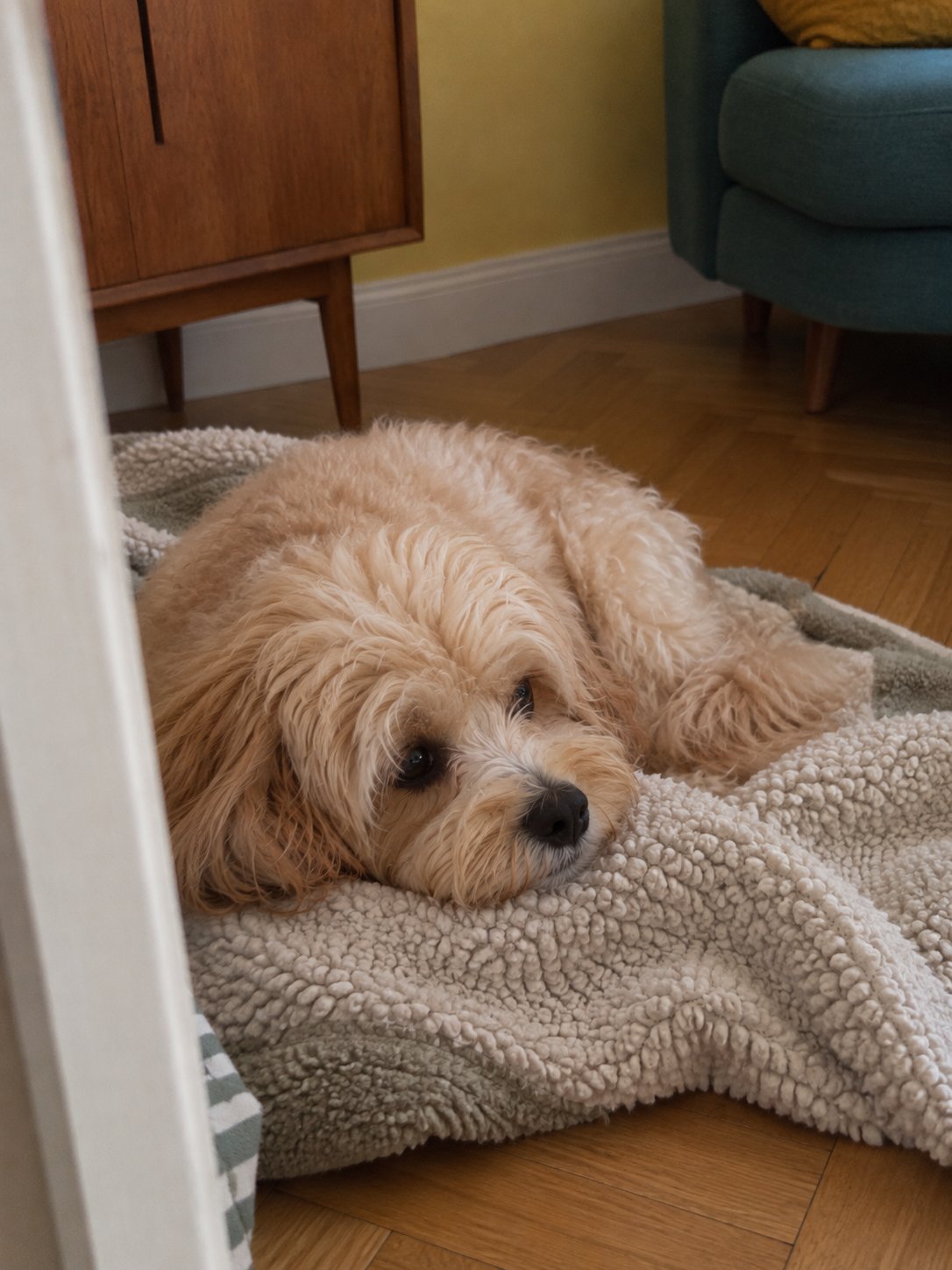 柑橘色の明るいミッドセンチュリーで休んでいる犬のイメージ