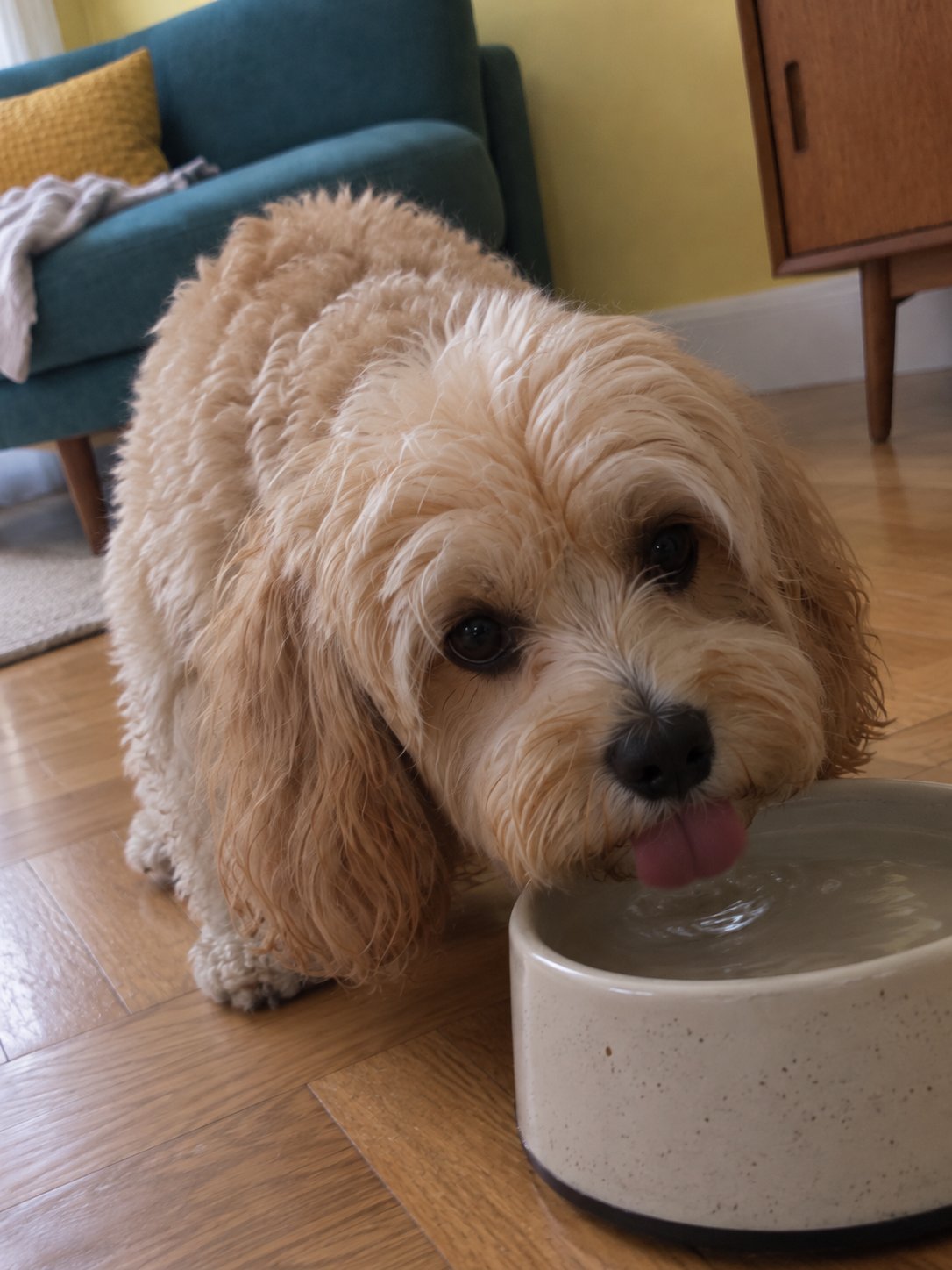 柑橘色の明るいミッドセンチュリーで水飲み場のそばで過ごす犬のイメージ