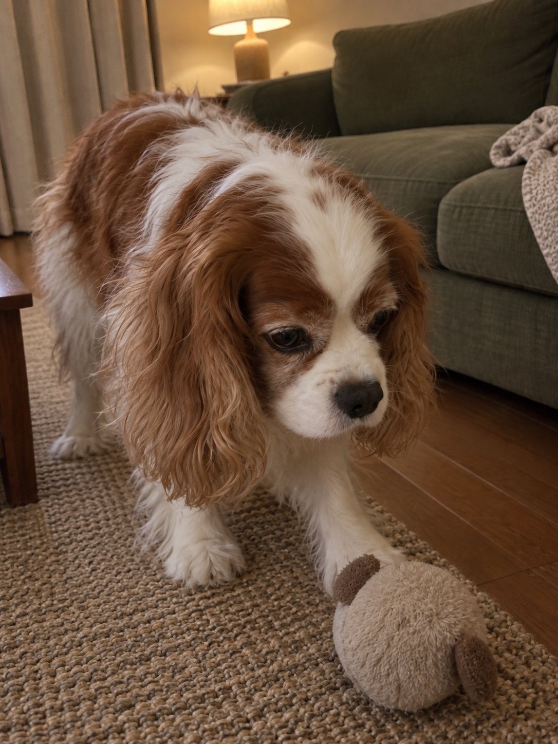 オリーブ色と夜の照明で室内の様子を確かめる犬のイメージ