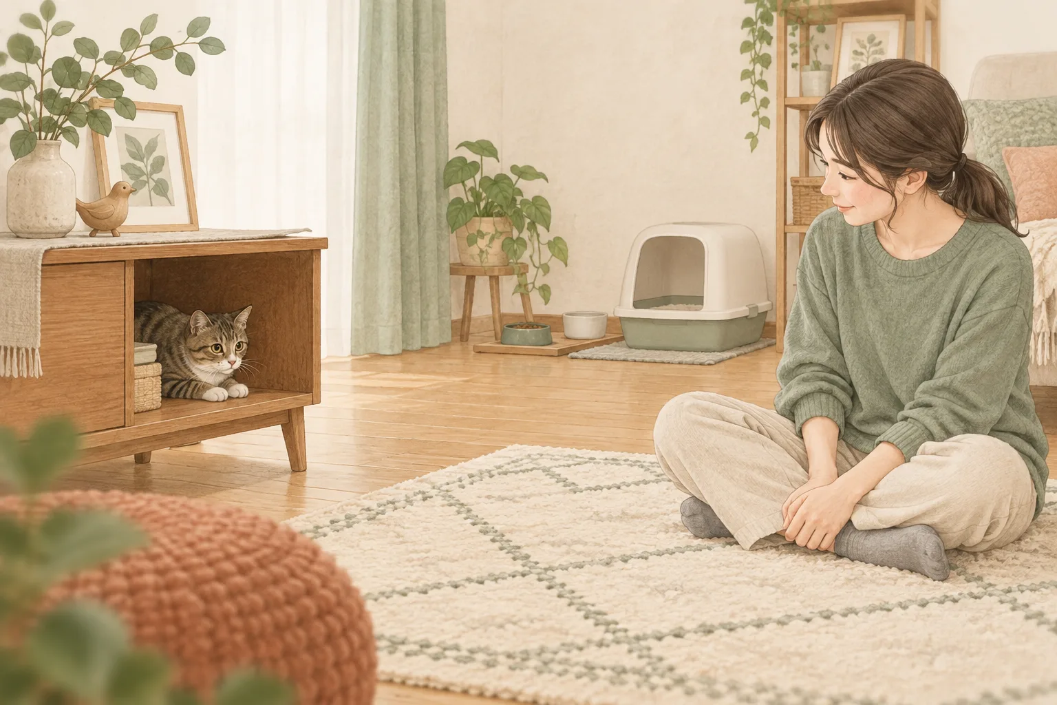 隠れている猫を無理に引き出さず、距離を保って様子を確認するイラスト