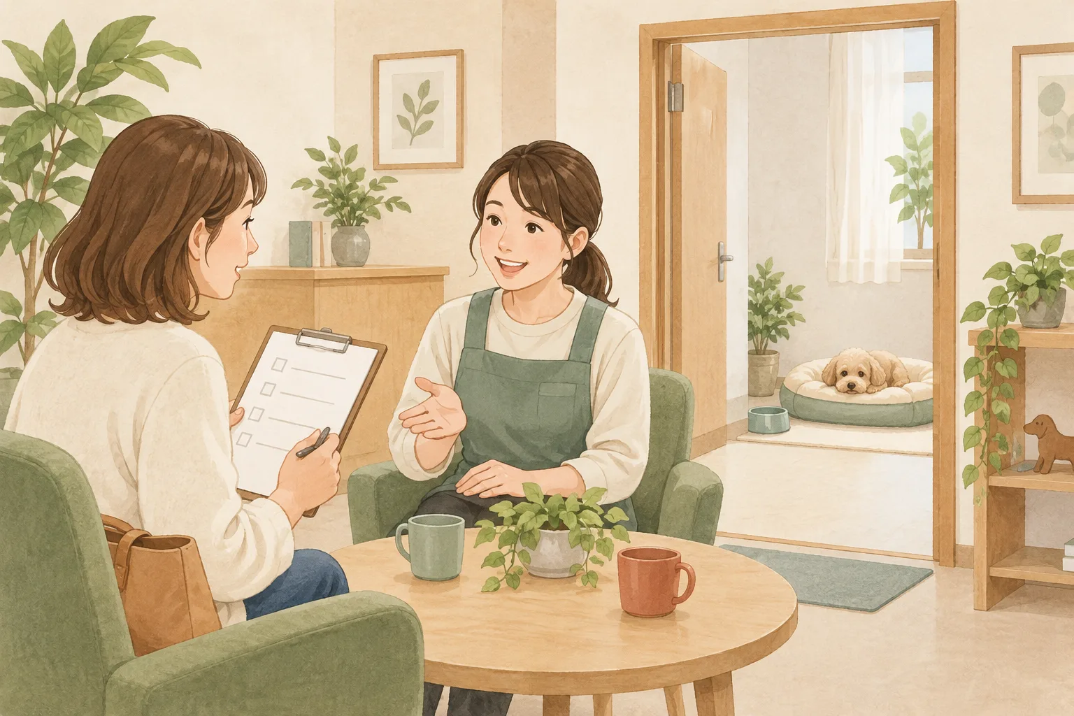 施設で休む場所やお世話の体制を相談する場面のイラスト
