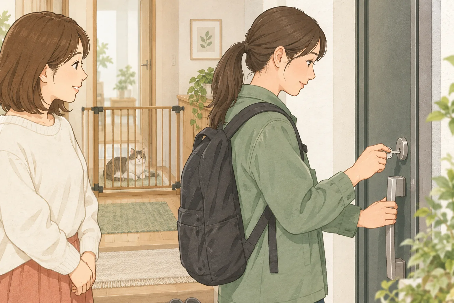 飼い主の立ち会いで鍵の開閉と玄関まわりを確認するイラスト