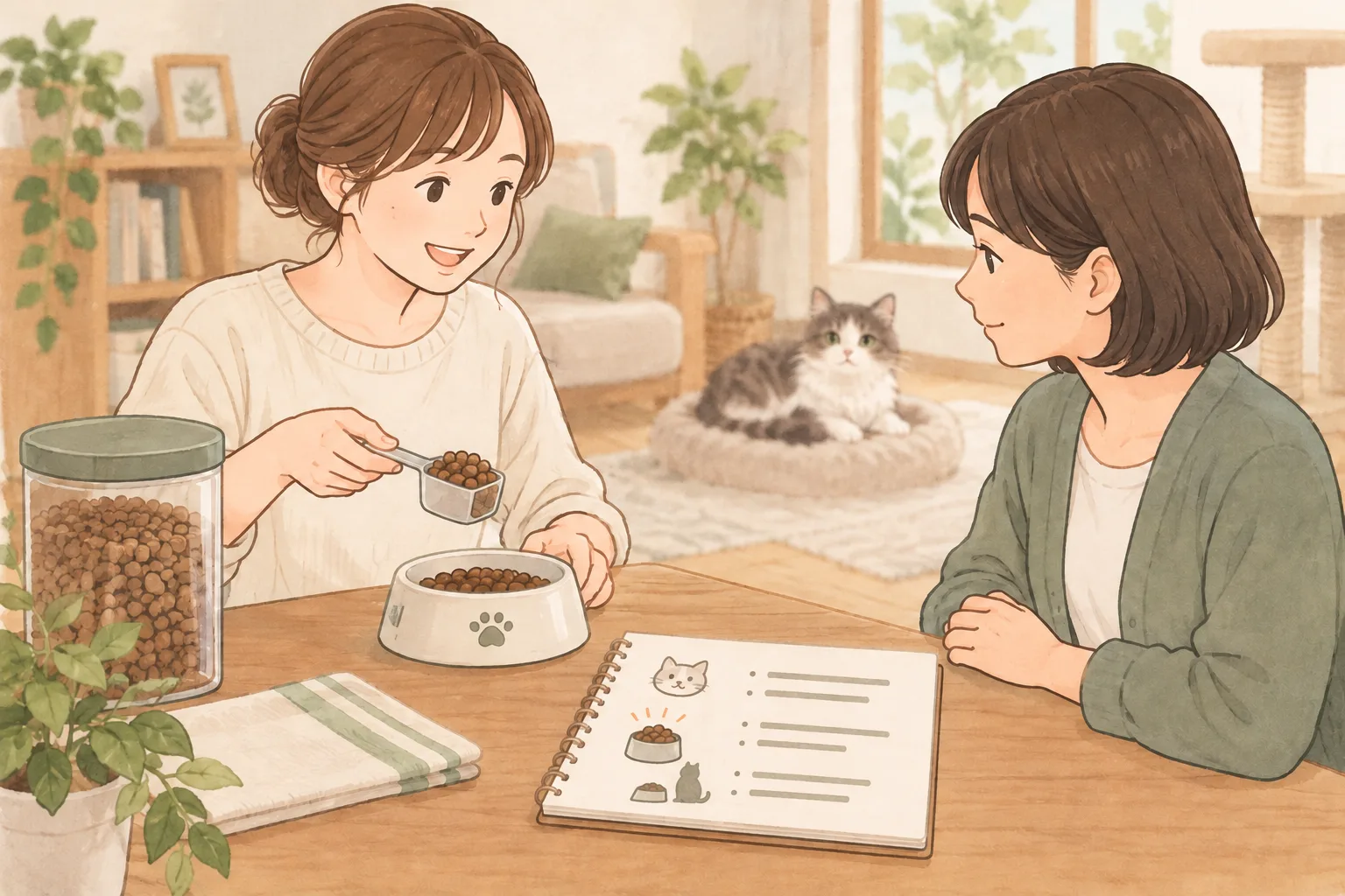 事前訪問で飼い主が食事の量と使う器を担当者に見せる場面のイラスト