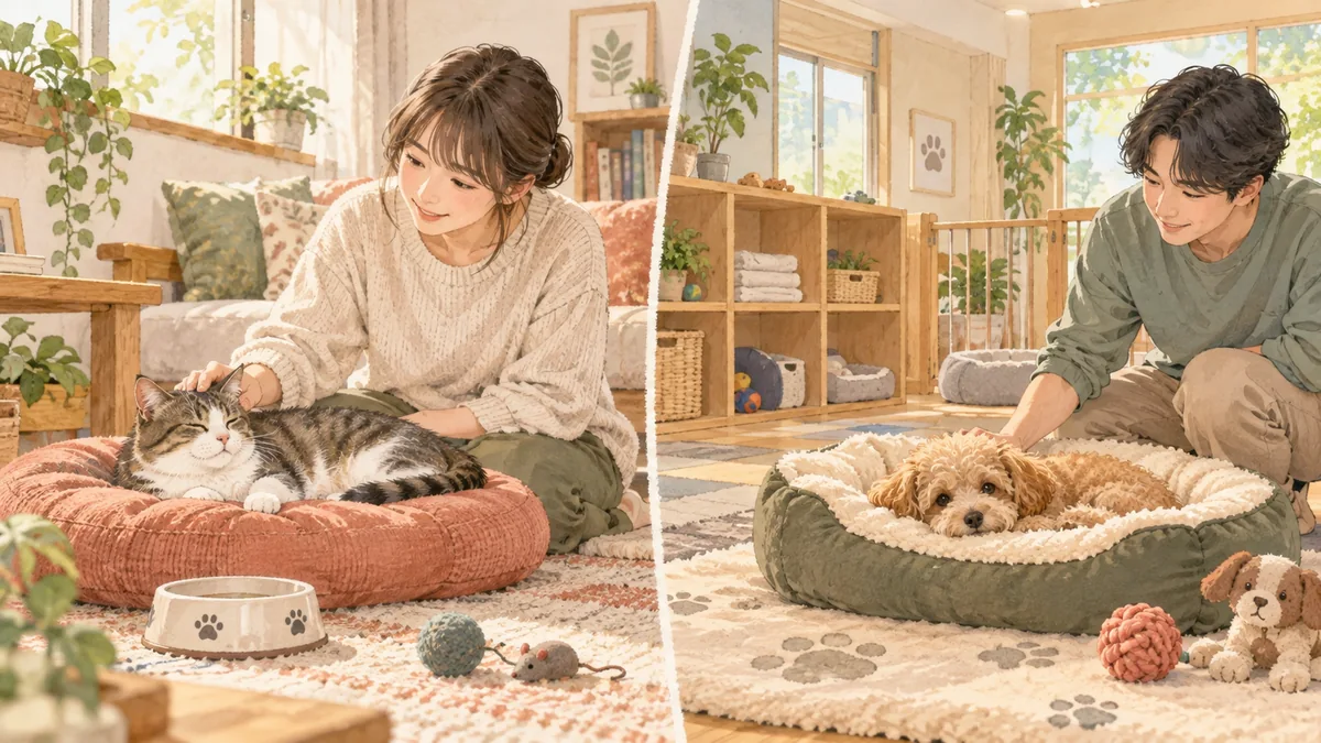 自宅での猫のお世話と施設での犬のお預かりを比べるイラスト