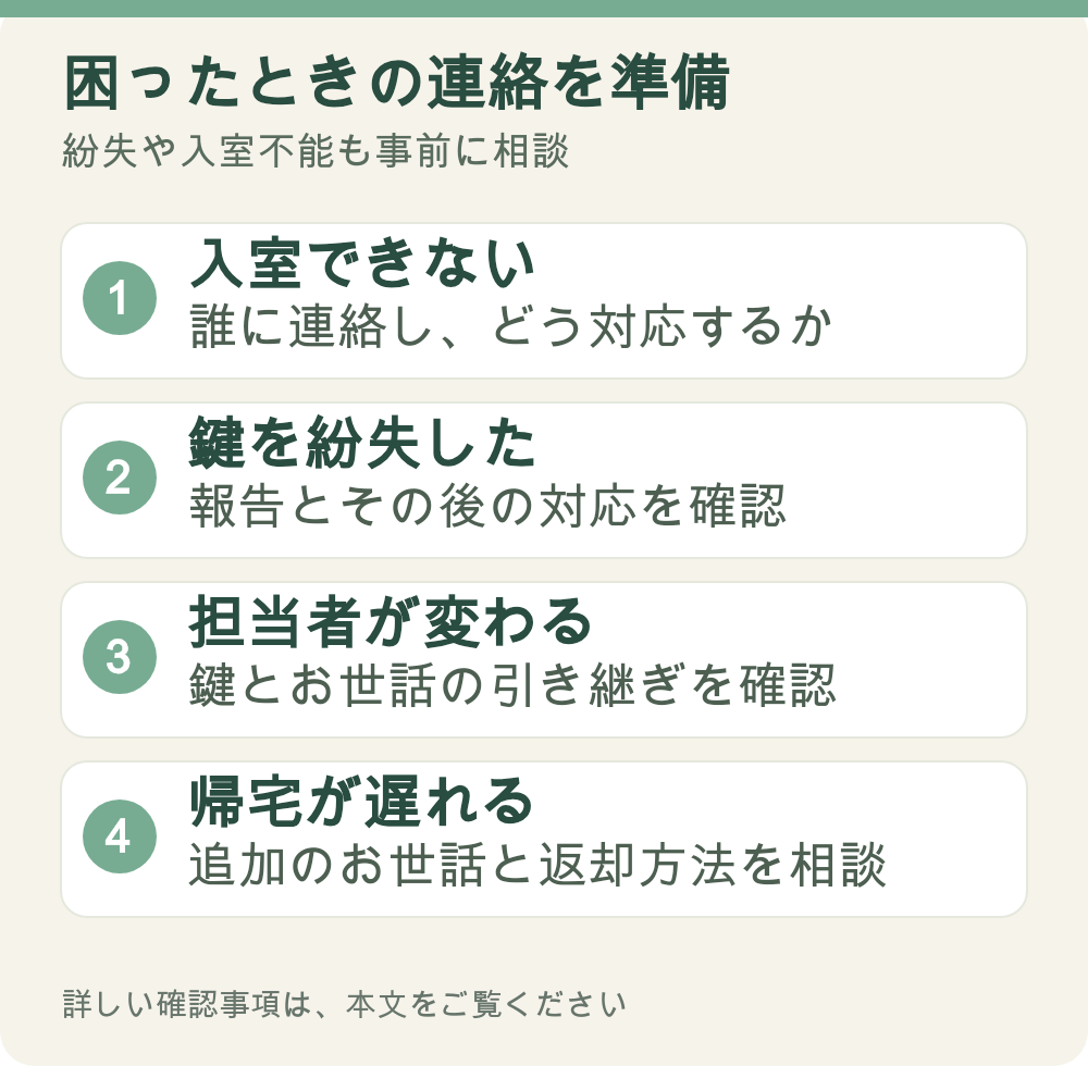 図解:困ったときの連絡を準備。入室できない、鍵を紛失した、担当者が変わる、帰宅が遅れる