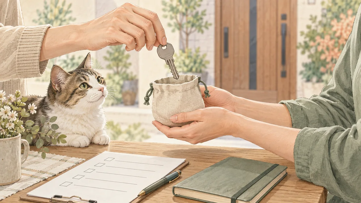 ペットシッターへ鍵を渡す手順を確認するイラスト