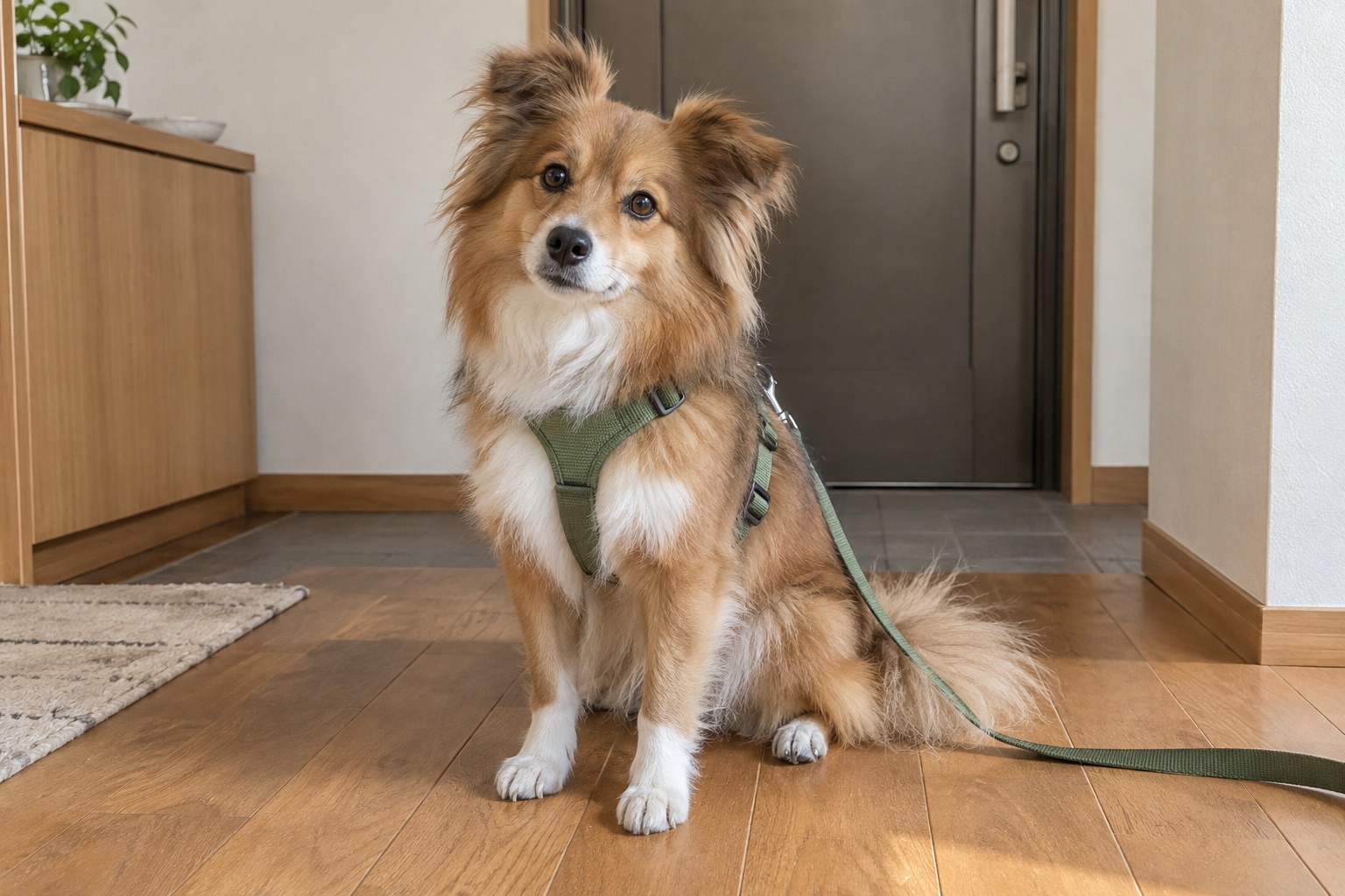 室内で緑色のハーネスとリードを着けて座る白と茶色の犬