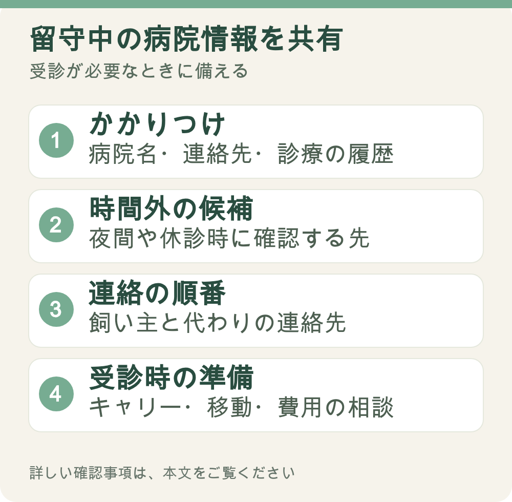 図解:留守中の病院情報を共有。かかりつけ、時間外の候補、連絡の順番、受診時の準備