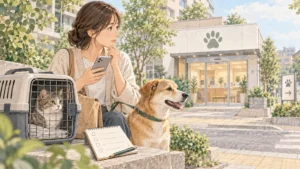 動物病院への連絡と受診の準備をする飼い主と犬猫のイラスト