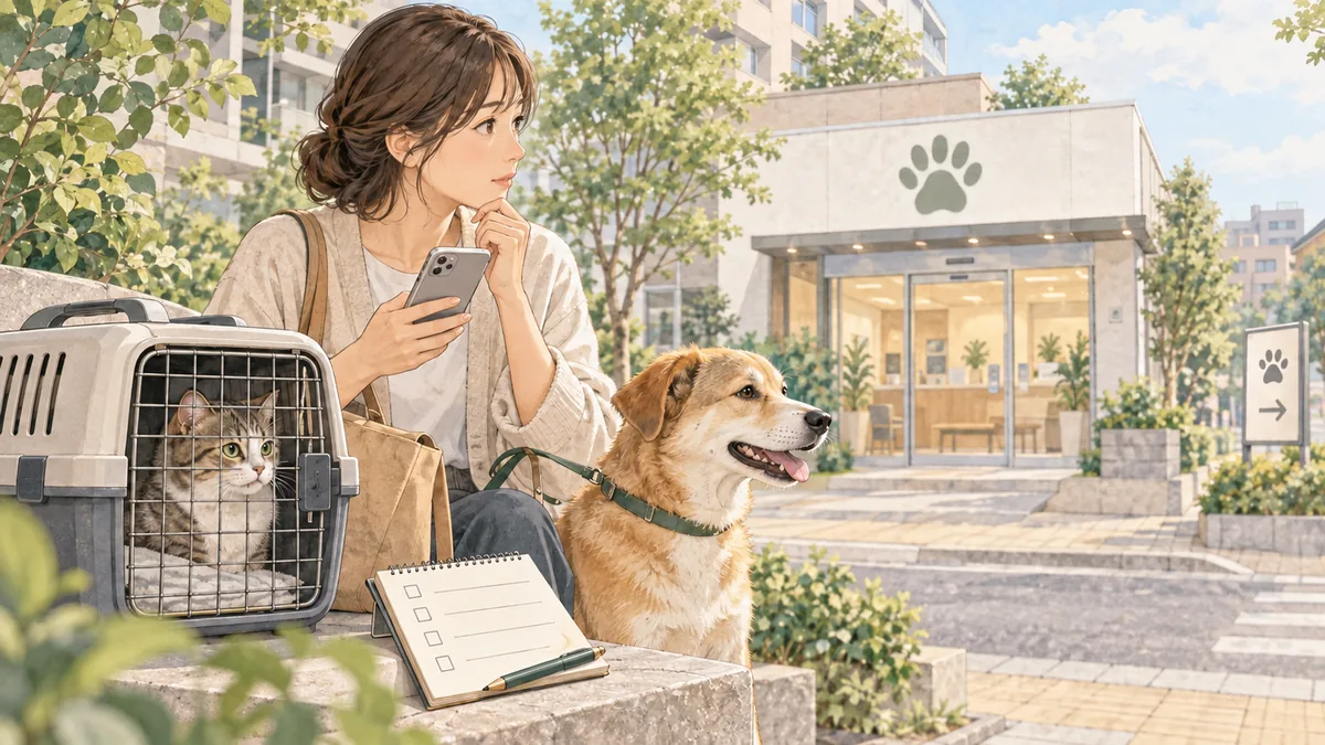 動物病院への連絡と受診の準備をする飼い主と犬猫のイラスト