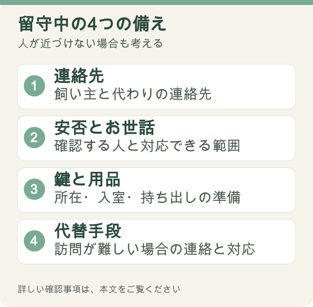 図解：留守中の4つの備え。連絡先、安否とお世話、鍵と用品、代替手段