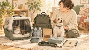 犬猫のキャリー、食事、水、リードなどの防災用品を準備するイラスト