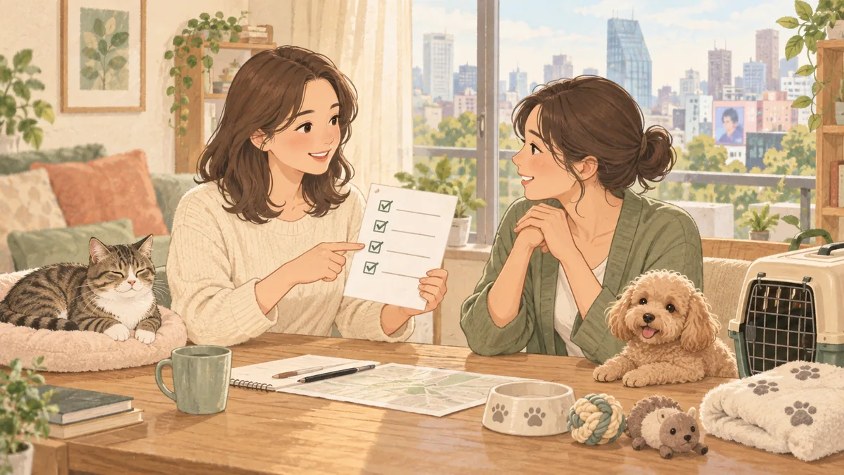 猫と犬のお世話についてチェックリストを使って話し合うイラスト