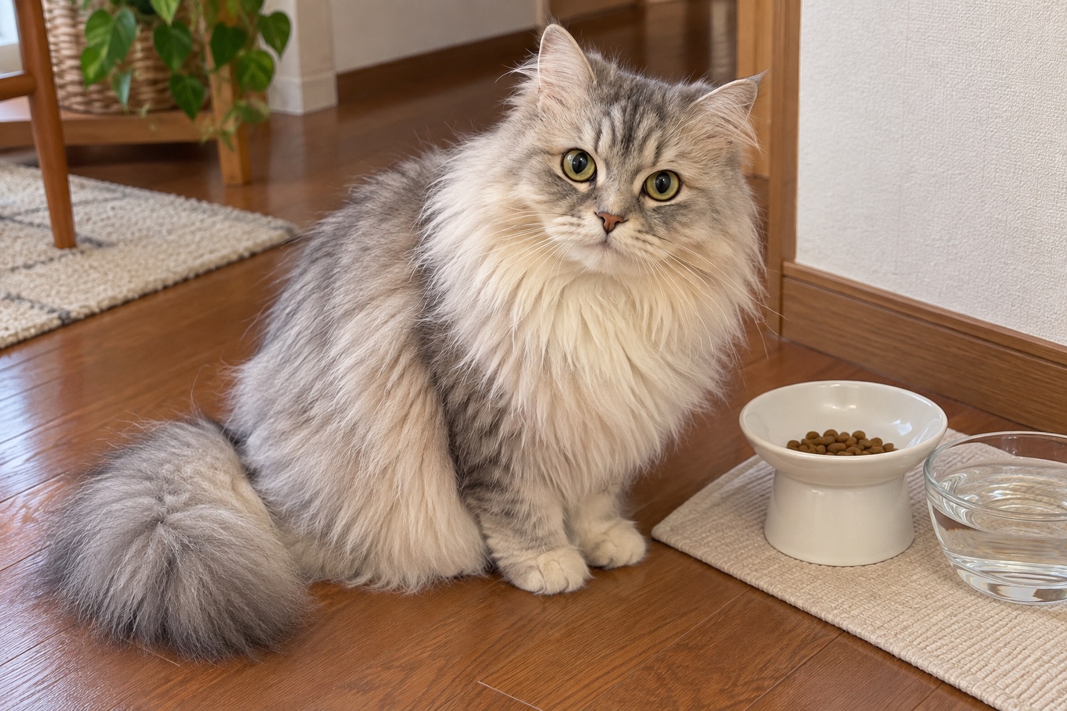 白いフードの器と水のそばに座るシルバーの長毛猫