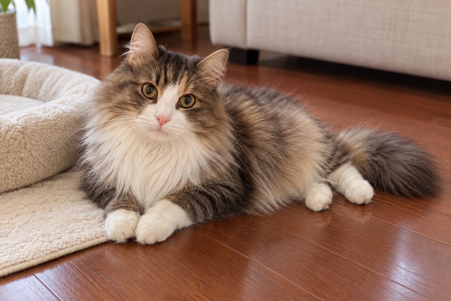 白い胸元と足、茶色の縞模様の長毛猫が自宅のベッドのそばで休む様子